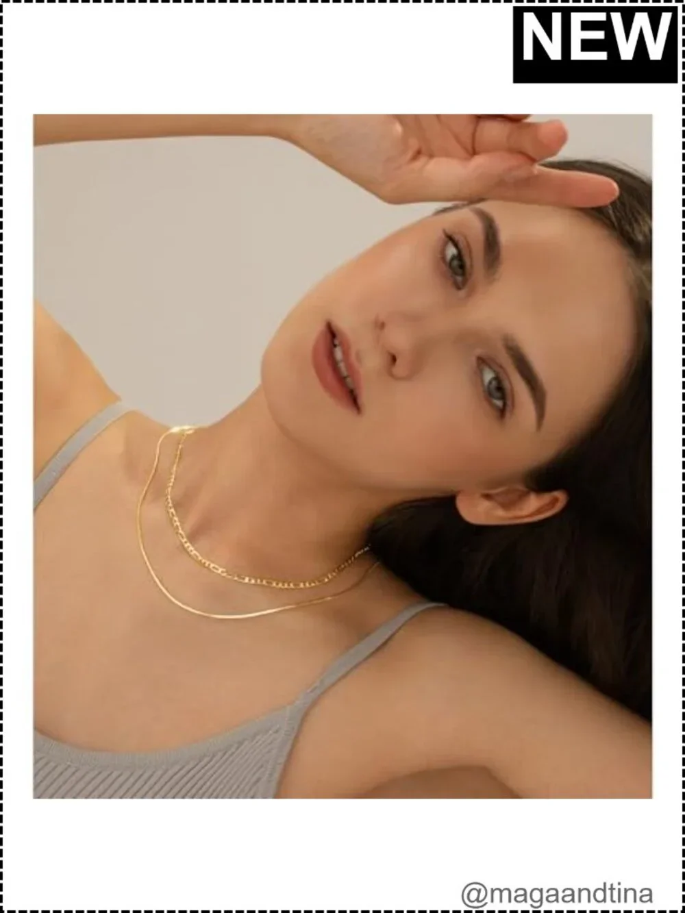 14K Gold Plated Layered Snake & Figaro Chain Necklace Set for Women